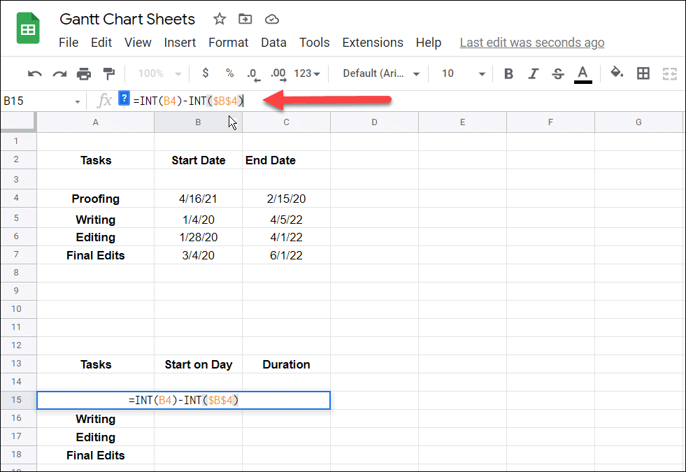 2 Digite a fórmula Crie um gráfico de Gantt no Google Sheets
