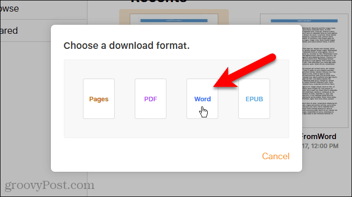 Clique em Word na caixa de diálogo Escolha um formato de download em Páginas no iCloud