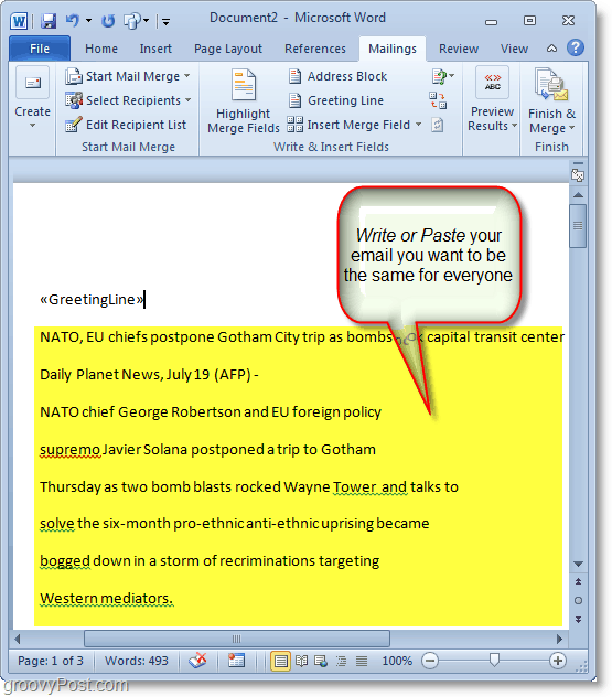 Captura de tela do Outlook 2010 - escreva seu conteúdo de email em massa