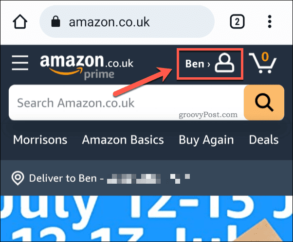 Toque no ícone do perfil da Amazon