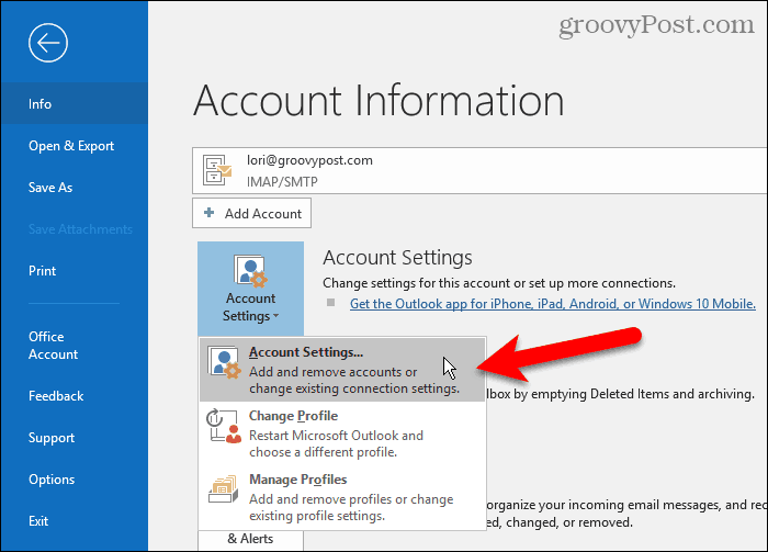 Selecione Configurações da conta no Outlook