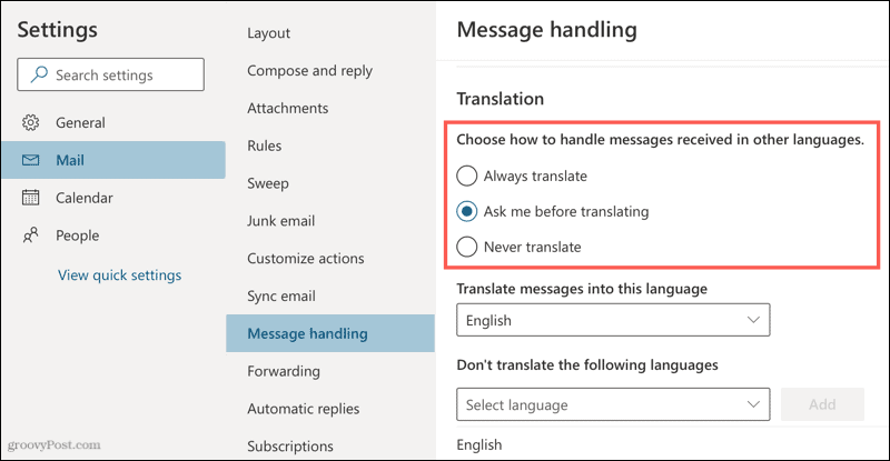 Configurações de tradução no Outlook online