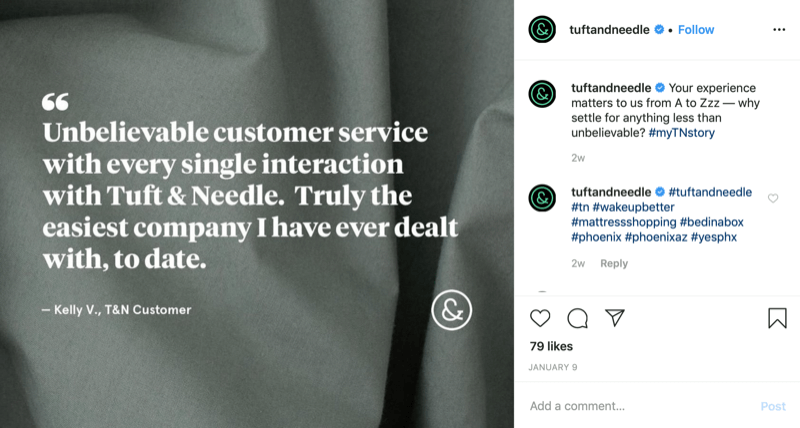 gráfico de cotação do cliente da conta do Instagram da Tuft and Needle