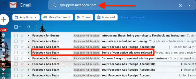 exemplo de um filtro do gmail para @ support.facebook.com para isolar todas as notificações de e-mail de anúncios do Facebook