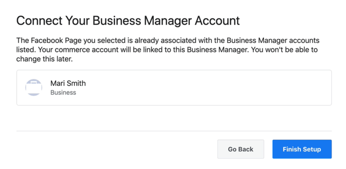 opção de conectar sua conta de gerente de negócios do Facebook à sua conta de comércio do Facebook