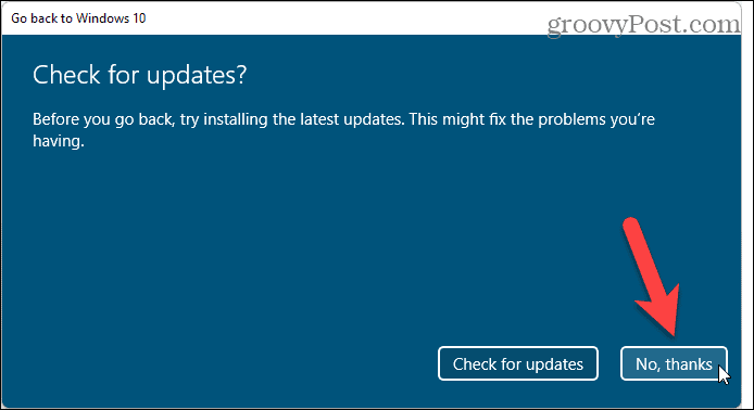Escolha não verificar se há atualizações ao reverter do Windows 11 para o Windows 10