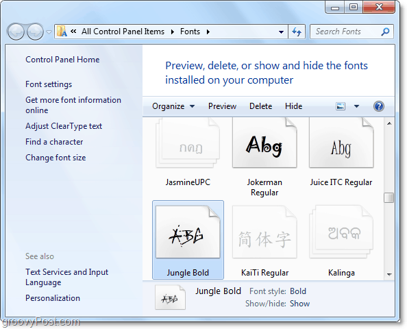 uma vista para o painel de controle de fontes do Windows 7
