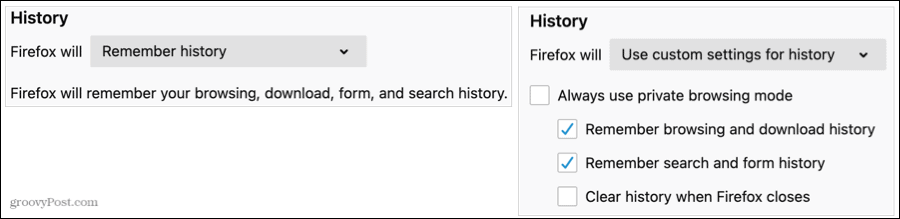 Configurações de histórico no Firefox