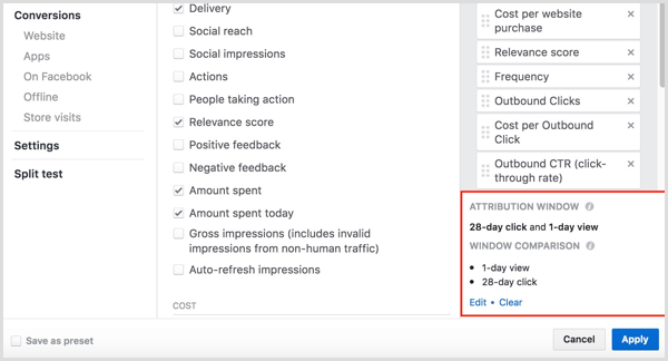 gerenciador de anúncios do Facebook personalizar colunas, clicar e visualizar conversões