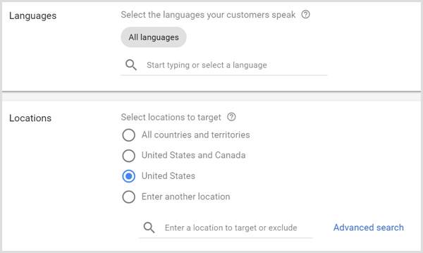 Configurações de idiomas e locais para a campanha do Google AdWords.
