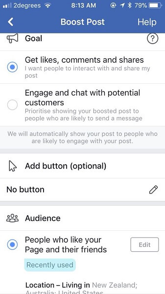 O Facebook agora pergunta quais são os objetivos dos profissionais de marketing quando impulsionam uma postagem.