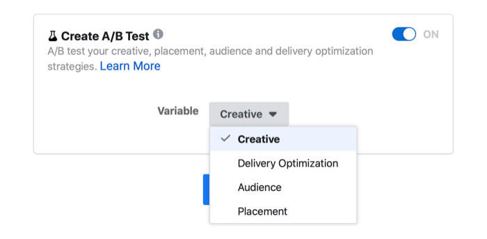 configuração de teste a / b de anúncio do Facebook mostrando as opções variáveis ​​de criativo, otimização de entrega, público e posicionamento