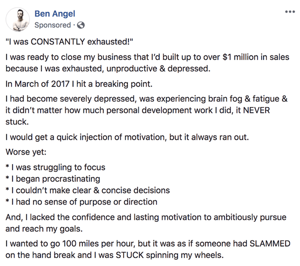 Como escrever e estruturar postagens patrocinadas pelo Facebook em formato de texto mais longo, etapa 1, exemplo de declarações de bastidores por Ben Angel