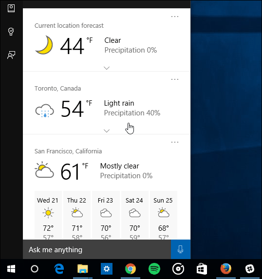 várias cidades Cortana Weather