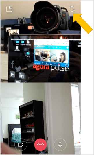 Toque no ícone de seta dupla no canto superior direito da tela para alternar para a câmera traseira a qualquer momento durante o chat de vídeo ao vivo do Instagram.