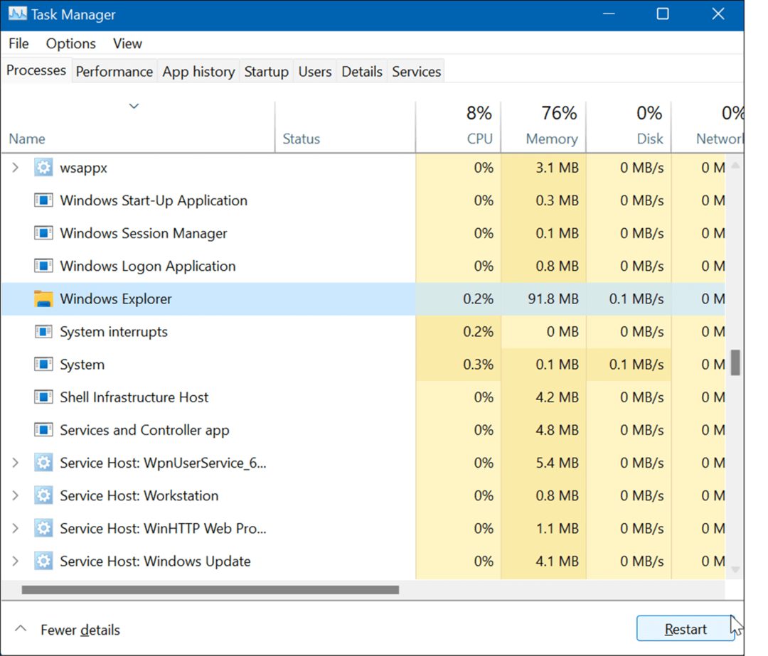 Reinicie o Windows Explorer redefinir as configurações da barra de tarefas no Windows 11