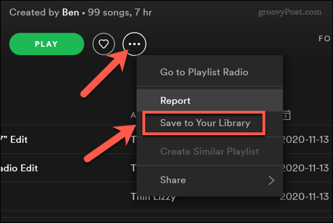 Salvando uma lista de reprodução do Spotify em uma biblioteca do usuário