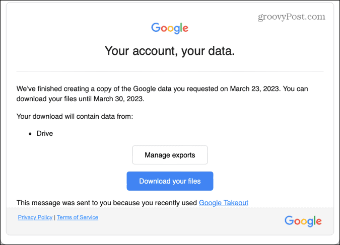 e-mail do google takeout