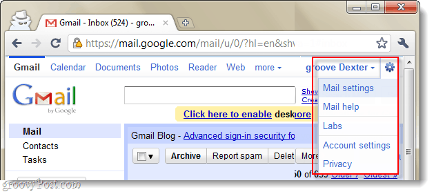menu suspenso de configurações de e-mail do gmail