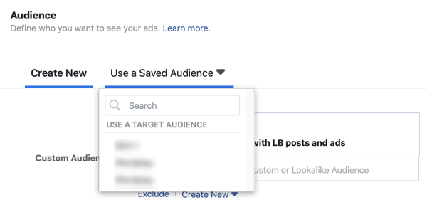 Opção de usar um público salvo para uma campanha de anúncios de chumbo no Facebook.