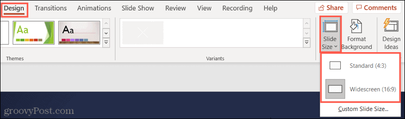 Clique em Padrão ou Widescreen para o tamanho do slide do PowerPoint