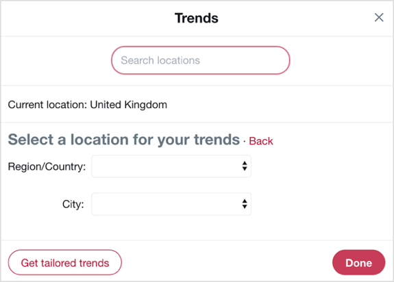 Selecione o país e a cidade em que deseja se concentrar com as tendências do Twitter.