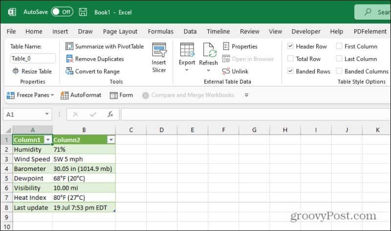 resultados de consulta da web do excel