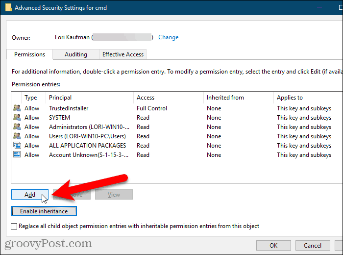 Clique em Adicionar na caixa de diálogo Configurações avançadas de segurança no Registro do Windows