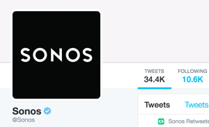 A conta do Twitter da Sonos é verificada e mostra o selo azul de verificação do Twitter.