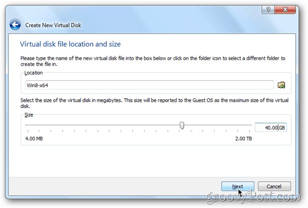 Windows 8 de configuração do tamanho do disco do VirtualBox