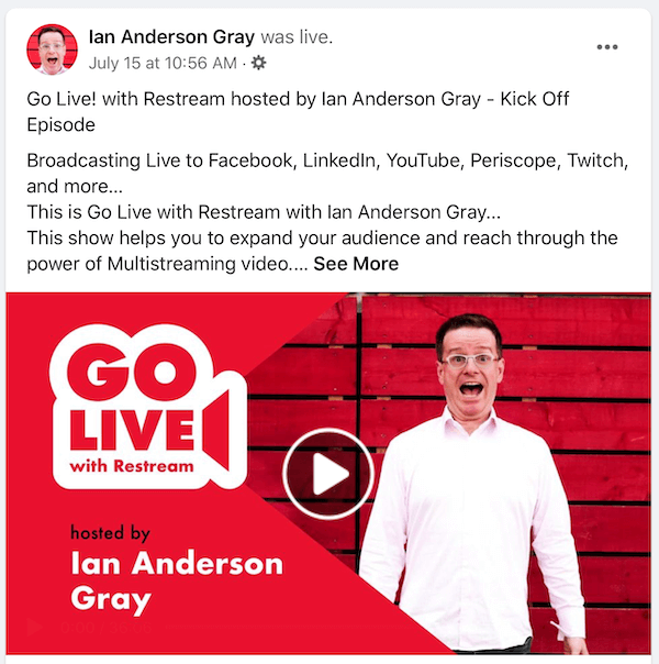 Postagem de reprodução de vídeo ao vivo no Facebook para Ian Anderson Gray