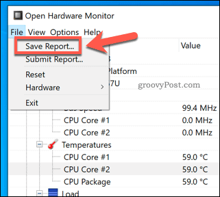 Salvando um relatório do Open Hardware Monitor