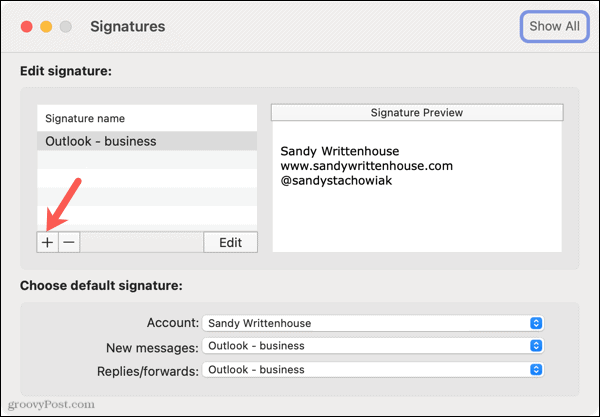 Adicionar uma nova assinatura no Outlook no Mac