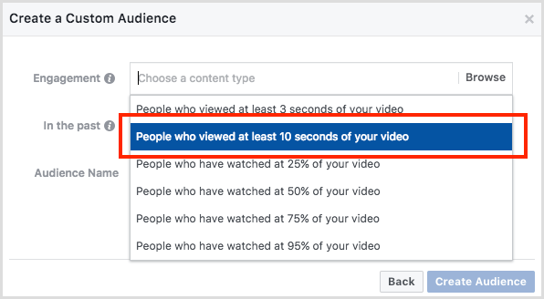 Público personalizado de engajamento de vídeo do Facebook