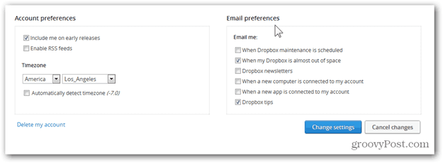 dropbox configurar preferências de email