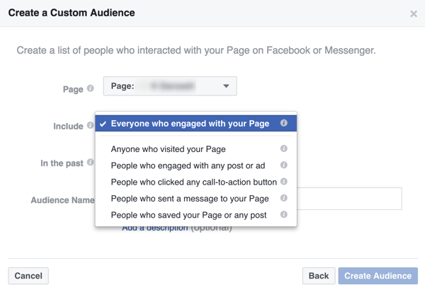 Crie um público personalizado de pessoas que interagiram com sua empresa no Facebook.