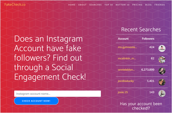 Verifique se há seguidores falsos no Instagram com FakeCheck.co.