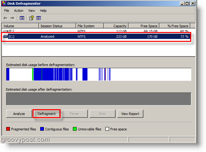 Opções de desfragmentador de disco para Windows XP - Analisar e desfragmentar
