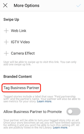 Opção de tag de parceiro de negócios para histórias do Instagram