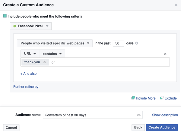 Para criar um público personalizado do Facebook de compradores anteriores, adicione o URL da sua página de agradecimento.