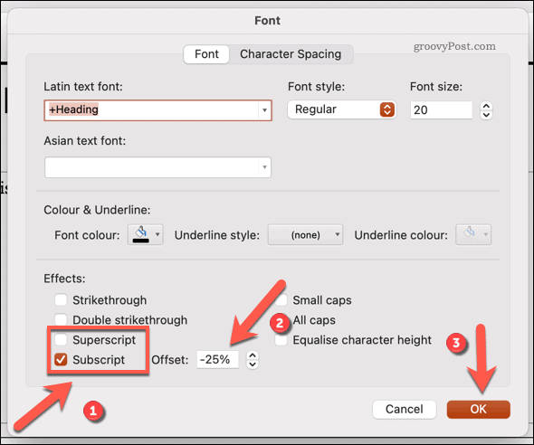 Alterar a fonte para subscrito ou sobrescrito no PowerPoint no Mac