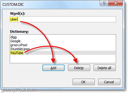 adicionar ou remover palavras do arquivo de dicionário personalizado do office 2010