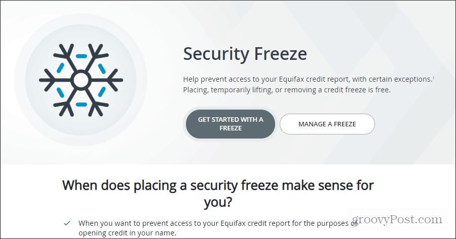 Página de congelamento de segurança Equifax