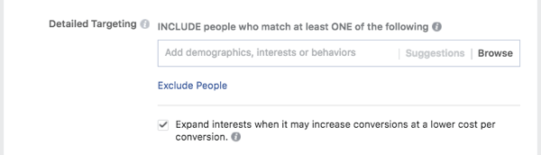 Use as inclusões e exclusões do Facebook para ajustar seu público.