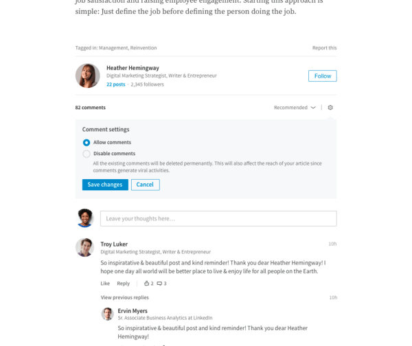 O LinkedIn lançou a capacidade de editores gerenciarem diretamente os comentários em seus artigos longos.