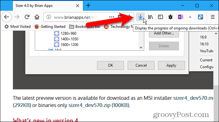 O botão Downloads é exibido na barra de ferramentas ao fazer o download no Firefox