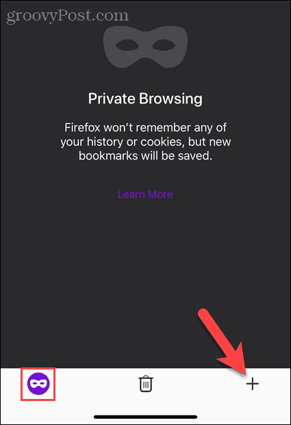 Toque no botão Nova guia no modo de navegação privada no Firefox no iOS