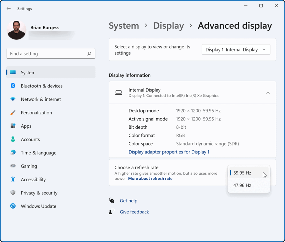 alterar a taxa de atualização no Windows 11