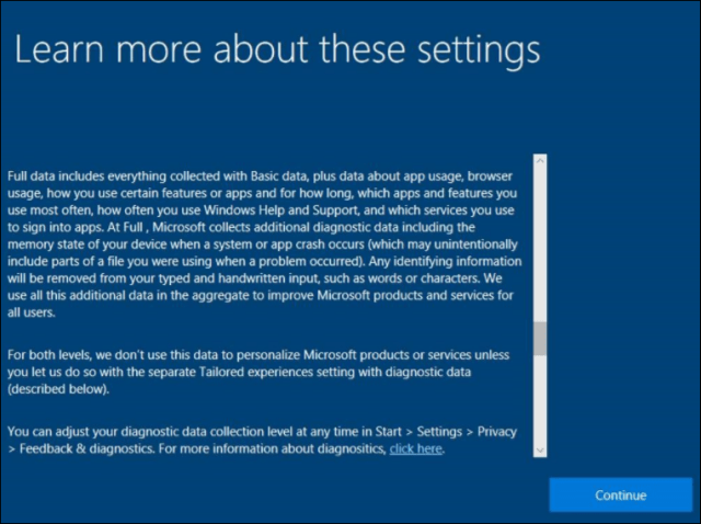 Windows 10 Saiba mais Configurações de privacidade