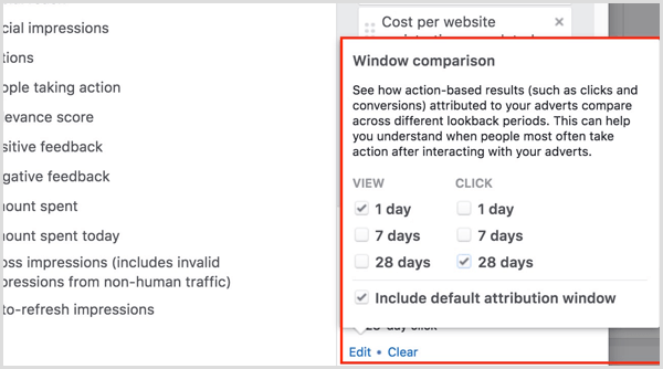 comparação da janela de atribuição do gerenciador de anúncios do Facebook